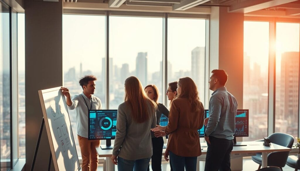 A bright, airy office space with floor-to-ceiling windows, sunlight streaming in. In the foreground, a team of diverse professionals huddled around a whiteboard, brainstorming and strategizing. Their body language exudes determination and creativity as they overcome the limitations of their in-house talent. In the middle ground, a sleek, high-tech workstation with various screens displaying complex data visualizations and AI algorithms. The background features a cityscape, hinting at the broader ecosystem the organization is navigating. The mood is one of innovation, collaboration, and a sense of tackling challenges head-on.