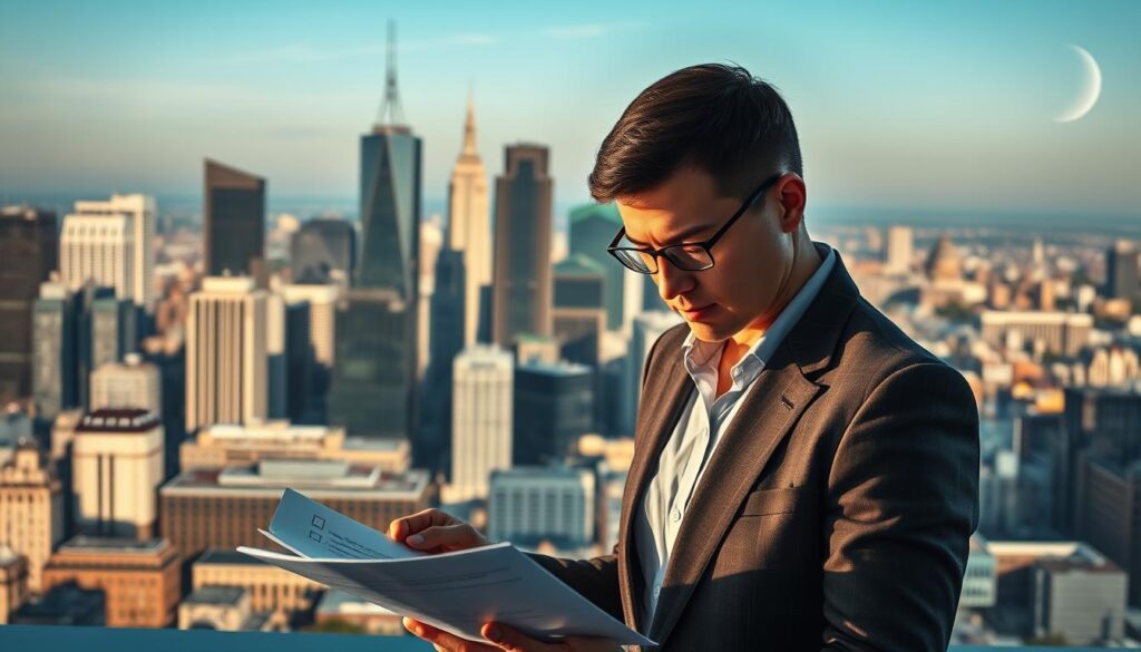 A crisp, well-lit scene depicting the complexities of regulatory compliance strategies. In the foreground, a businessperson reviews documents and checklists, brow furrowed in concentration. Behind them, a panoramic view of a bustling cityscape, symbolizing the diverse landscape of compliance requirements. Towering skyscrapers and government buildings loom, casting long shadows that convey the gravity of the task at hand. The scene is illuminated by warm, directional lighting, creating a sense of focus and determination. The overall atmosphere evokes a careful balance of diligence, responsibility, and the need to navigate a complex regulatory environment.