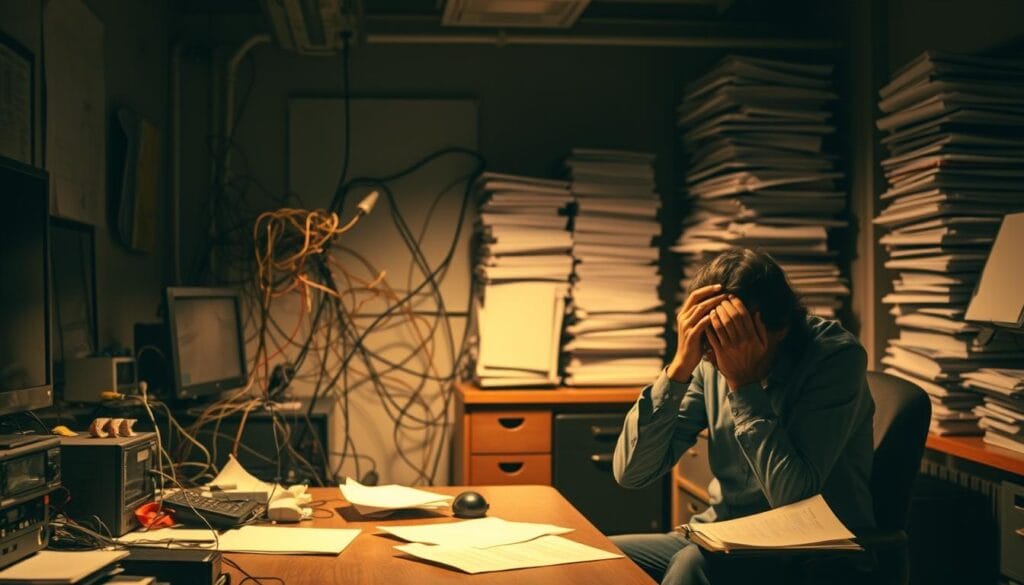 A dimly lit office space, with a desk cluttered with various electronic devices and scattered papers. In the foreground, a frustrated employee sits, head in hands, symbolizing the challenges of in-house implementation. The middle ground features a tangled web of wires and cables, representing the complexities of integrating new technologies. In the background, a towering pile of binders and manuals suggests the overwhelming amount of documentation required. Soft, dramatic lighting casts shadows, creating a sense of tension and unease. The overall atmosphere conveys the difficulties of leveraging AI for predictive analytics within an organization's existing infrastructure.