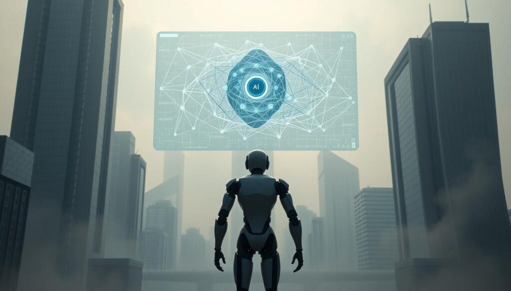 A futuristic cityscape bathed in a cool, hazy light, with towering skyscrapers and sleek, angular buildings. In the foreground, a trio of humanoid AI figures stands, their limbs and features partially obscured by a shimmering field of data streams and digital artifacts. Floating above them, a holographic display depicts a complex network of interconnected nodes and pathways, representing the challenges and risks of AI development. The background is shrouded in a subtle, ominous fog, conveying the sense of uncertainty and complexity inherent in the field of artificial intelligence.