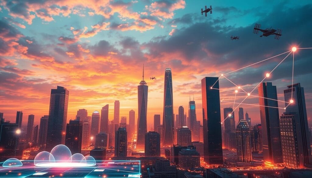 A futuristic cityscape bathed in a warm, ethereal glow. In the foreground, holographic interfaces and floating data streams emanate from sleek, minimalist devices. In the middle ground, towering skyscrapers with seamless glass facades reflect the vibrant, ever-changing sky. In the background, a network of glowing conduits and satellites intertwine, connecting the city to the limitless possibilities of the cloud. The scene radiates a sense of technological innovation, efficiency, and the convergence of the physical and digital realms, encapsulating the emerging trends in cloud computing and outsourcing.