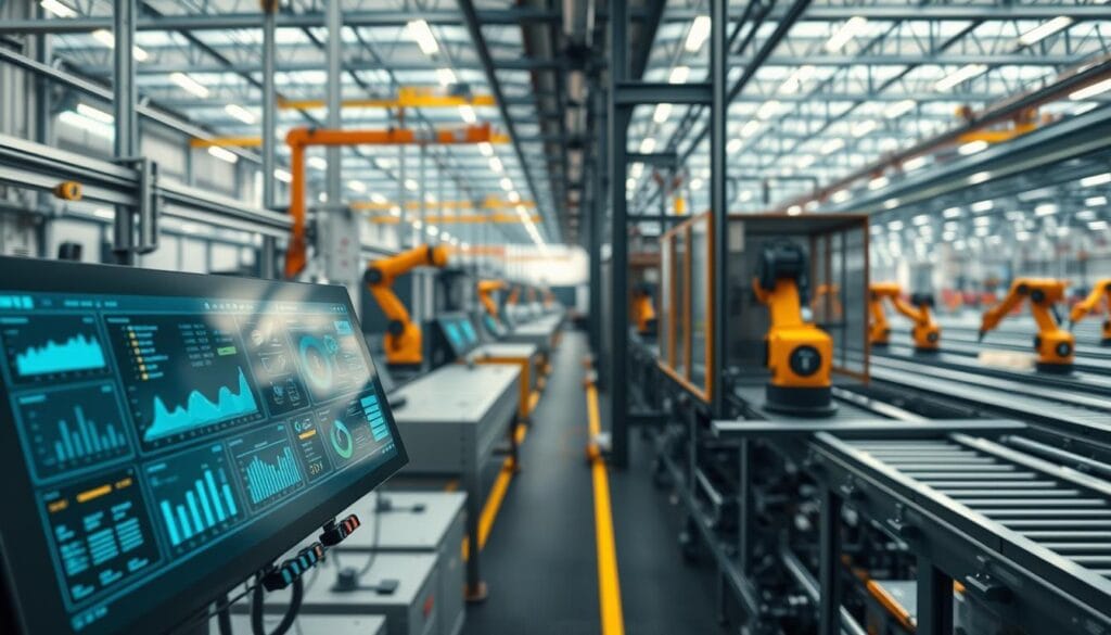 A futuristic industrial setting with various IoT devices and sensors seamlessly integrated into the environment. In the foreground, a sleek, modular control panel showcases real-time data visualizations and customizable dashboards. The middle ground features a diverse range of IoT-enabled machinery, from robotic arms to smart conveyor belts, all working in harmony. In the background, a panoramic view of a technologically advanced factory or warehouse, with clean lines, subdued lighting, and a sense of efficiency and innovation. The overall mood is one of sophistication, automation, and the seamless convergence of technology and industry.