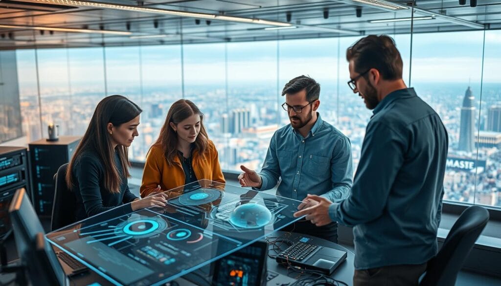 A highly skilled team of AI engineers collaborating at a futuristic workspace, surrounded by cutting-edge technology. In the foreground, a diverse group of experts intently analyzing data visualizations and models on large, holographic displays. The middle ground features an array of sophisticated computing equipment, servers, and interconnected devices, all bathed in a warm, ambient glow. The background showcases a panoramic view of a bustling metropolis, hinting at the real-world applications of their innovative AI solutions. The overall scene conveys a sense of technical mastery, collaborative problem-solving, and the transformative potential of AI when expertly leveraged.