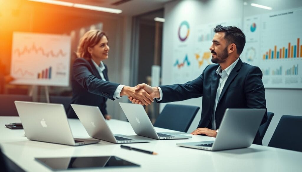 A modern office interior with a conference table, laptops, and data visualization charts on the walls. In the foreground, two professionals in business attire are shaking hands, signifying a partnership agreement. Warm, diffused lighting illuminates the scene, creating a professional and collaborative atmosphere. The angle is slightly elevated, offering a comprehensive view of the decision-making process. The background is blurred, allowing the focus to remain on the central figures and their interaction.