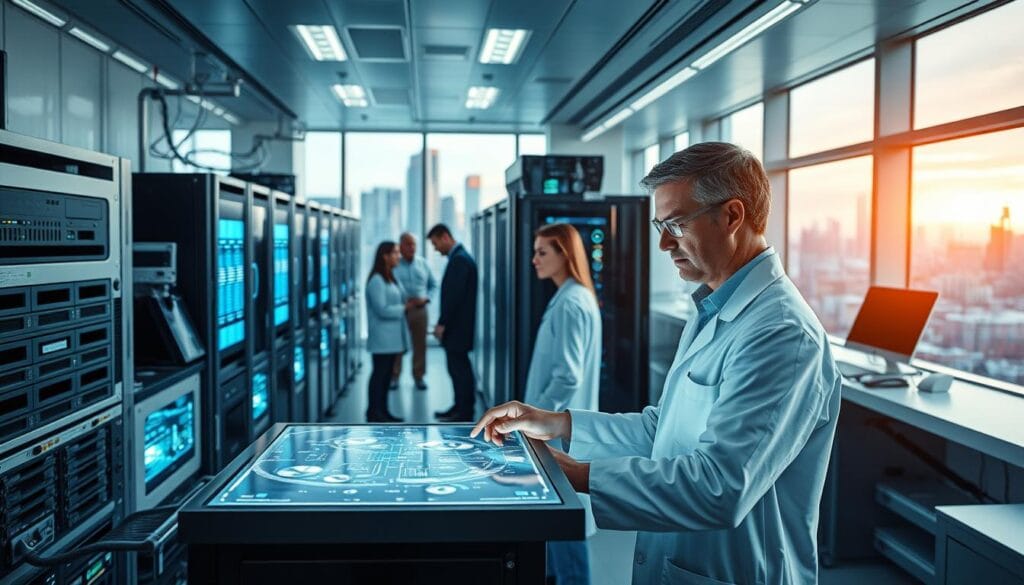 A sleek, modern laboratory setting with advanced equipment and cutting-edge technology. In the foreground, a scientist in a white lab coat examines a holographic display, their face illuminated by the soft glow of the screen. Surrounding them, an array of state-of-the-art machines, including neural network arrays, data servers, and high-performance computing rigs. The middle ground features a team of researchers collaborating on a complex AI model, their expressions focused and determined. In the background, a panoramic window offers a glimpse of a vibrant city skyline, symbolizing the connection between advanced research and real-world impact. The overall atmosphere conveys a sense of expertise, innovation, and the seamless integration of human and machine intelligence.