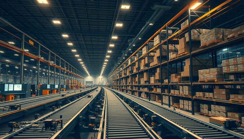 A vast industrial warehouse, dimly lit by warm overhead lighting. In the foreground, a series of conveyor belts transport goods, each equipped with various sensors monitoring temperature, vibration, and motion. Towering shelves line the middle ground, filled with inventory tracked by RFID tags and barcode scanners. In the background, a network of control panels and display screens showcases real-time data visualizations, providing critical insights into the supply chain's performance. The atmosphere is one of efficiency, precision, and technological prowess, capturing the essence of modern supply chain monitoring with industrial IoT solutions.