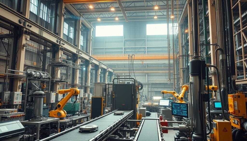 Massive industrial machinery, intricately connected by a web of cables, sensors, and control panels, stands in a cavernous factory space. Overhead, a warm, diffused light filters through tall windows, casting a soft glow on the scene. In the foreground, a conveyor belt transports components with precision, while robotic arms deftly assemble the parts. In the middle ground, a network of pipes, valves, and gauges monitor the flow of materials and energy, ensuring optimal efficiency. In the background, a bank of monitors displays real-time data and analytics, providing a comprehensive view of the manufacturing process. The overall atmosphere conveys a sense of technological sophistication, automation, and interconnectedness - the hallmarks of a smart, IoT-enabled manufacturing system.