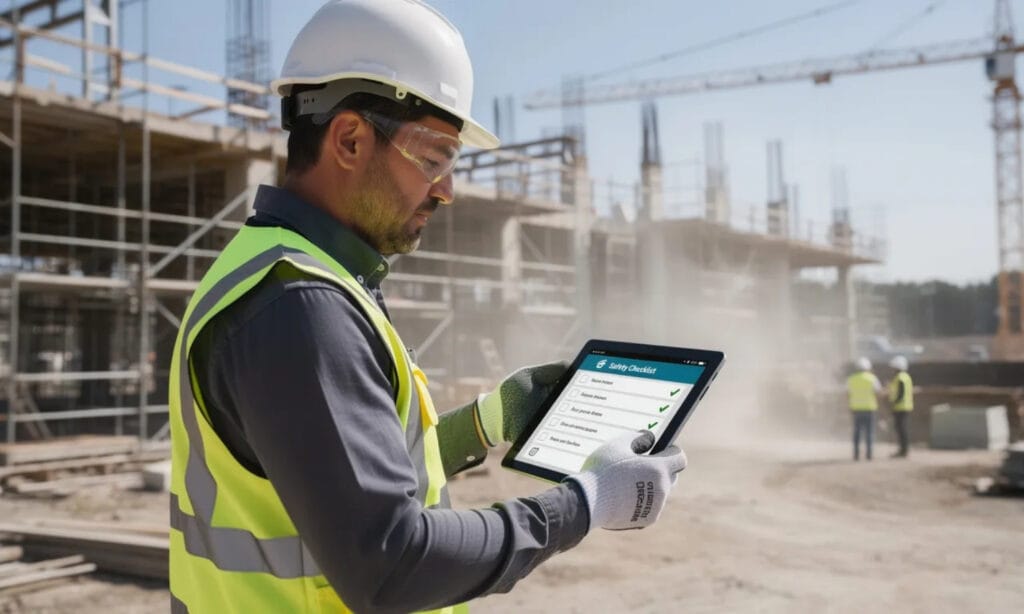 Construction safety inspector marking a checklist on a digital tablet