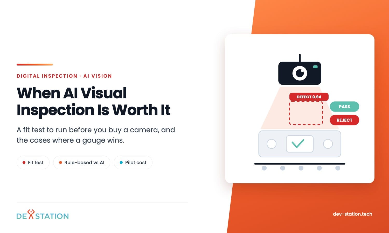 AI visual inspection on a production line: a camera over a conveyor, a detected defect boxed with a confidence score, and pass or reject verdicts