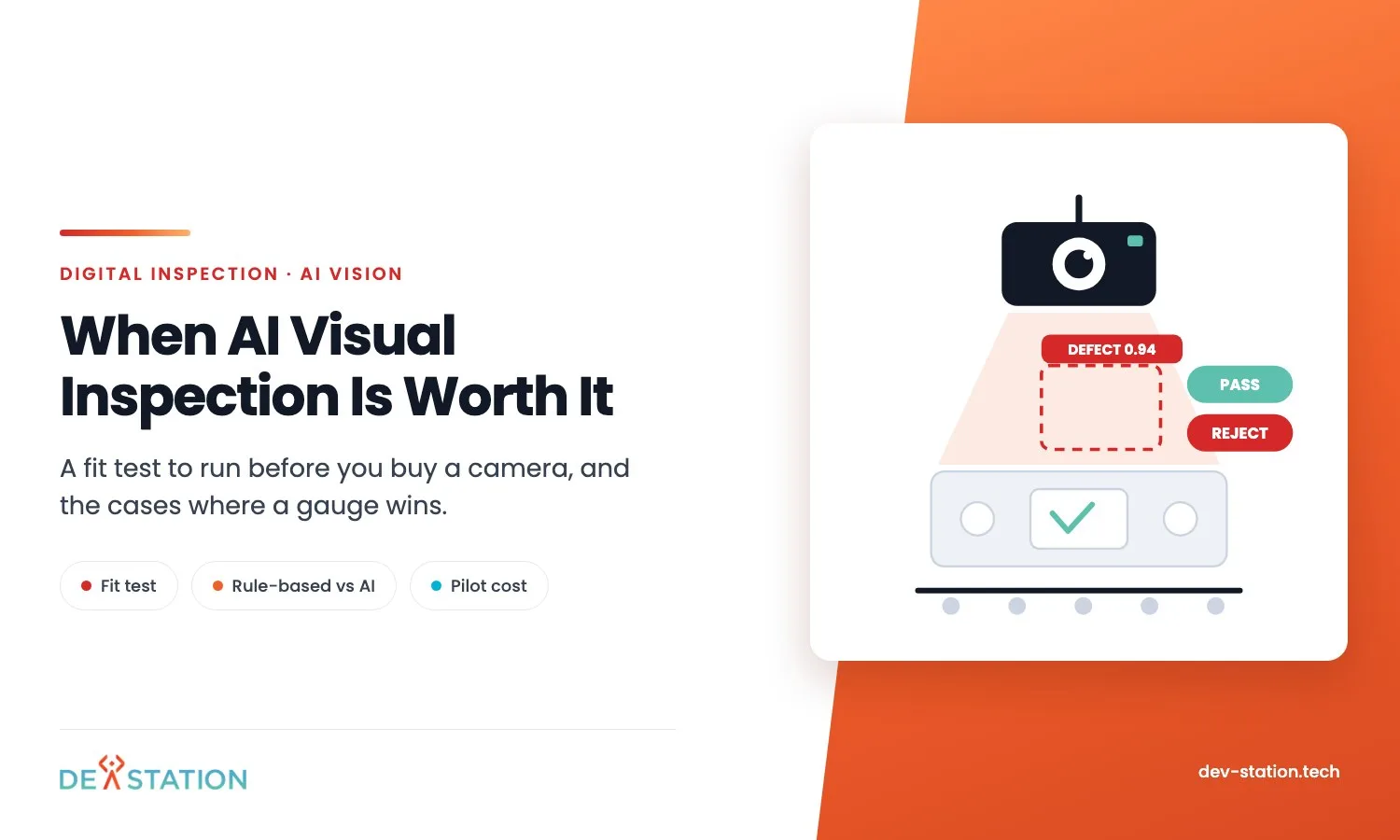 AI visual inspection on a production line: a camera over a conveyor, a detected defect boxed with a confidence score, and pass or reject verdicts