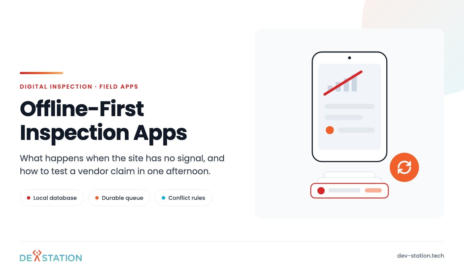 Offline-first inspection app on a phone with no signal, with captured records queued on the device waiting to sync