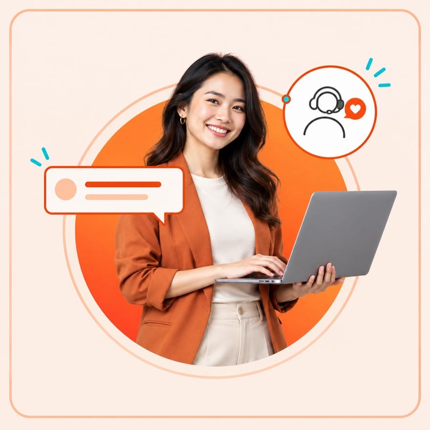 Person at a laptop with an incoming message bubble and a support icon