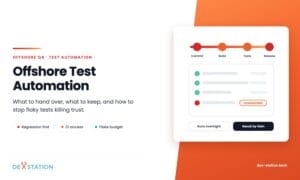 Offshore test automation pipeline from commit to release, with a passing regression suite and one flaky test quarantined