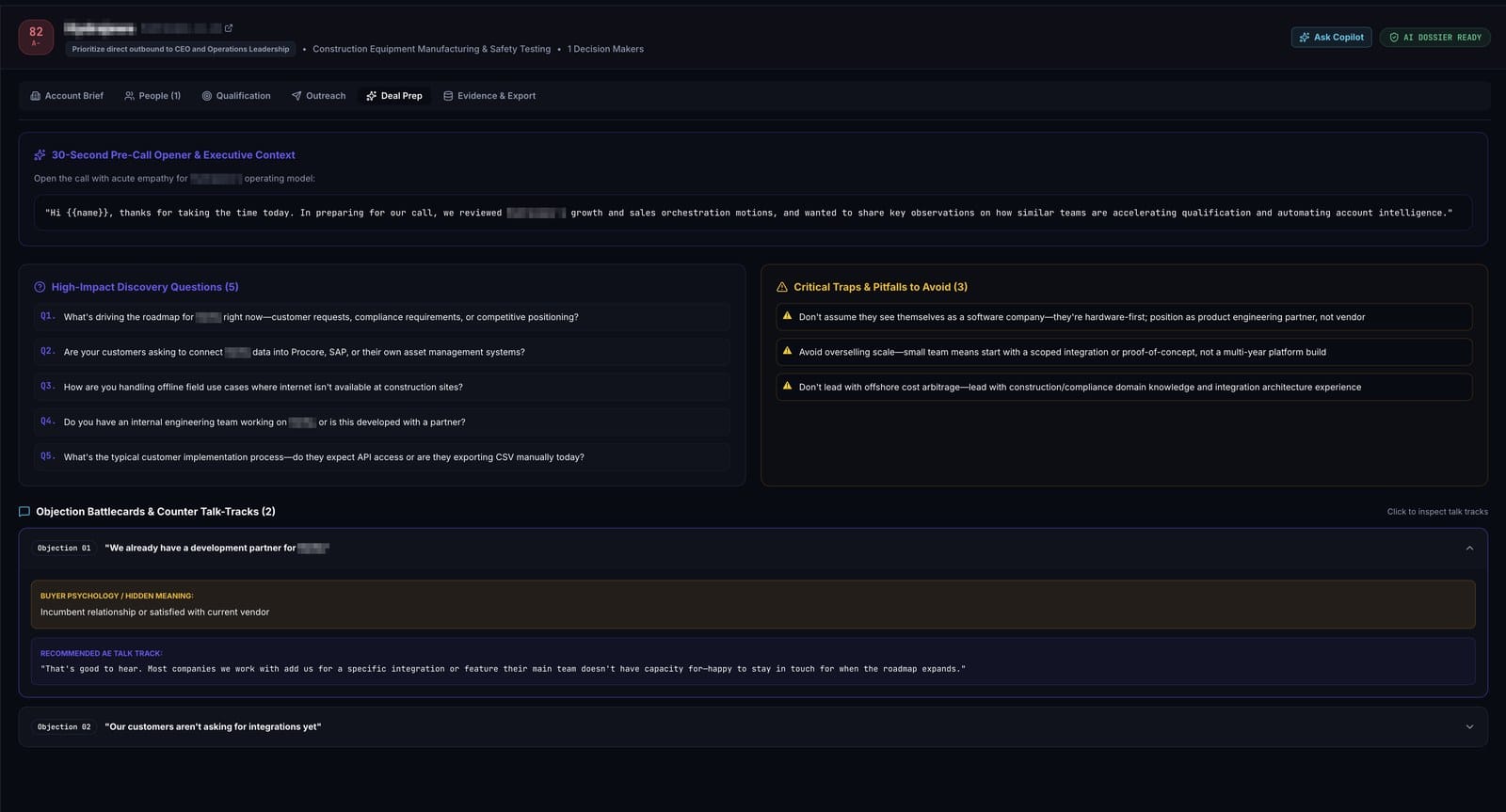 Sales OS Deal Prep tab with discovery questions, critical traps and objection battlecards