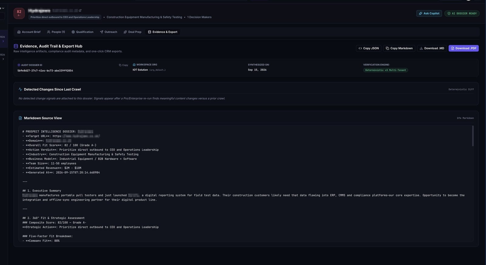Sales OS Evidence and Export tab showing the audit dossier ID and Markdown source view