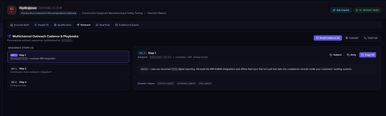 Sales OS Outreach tab with a three step email cadence on day one, day four and day eight