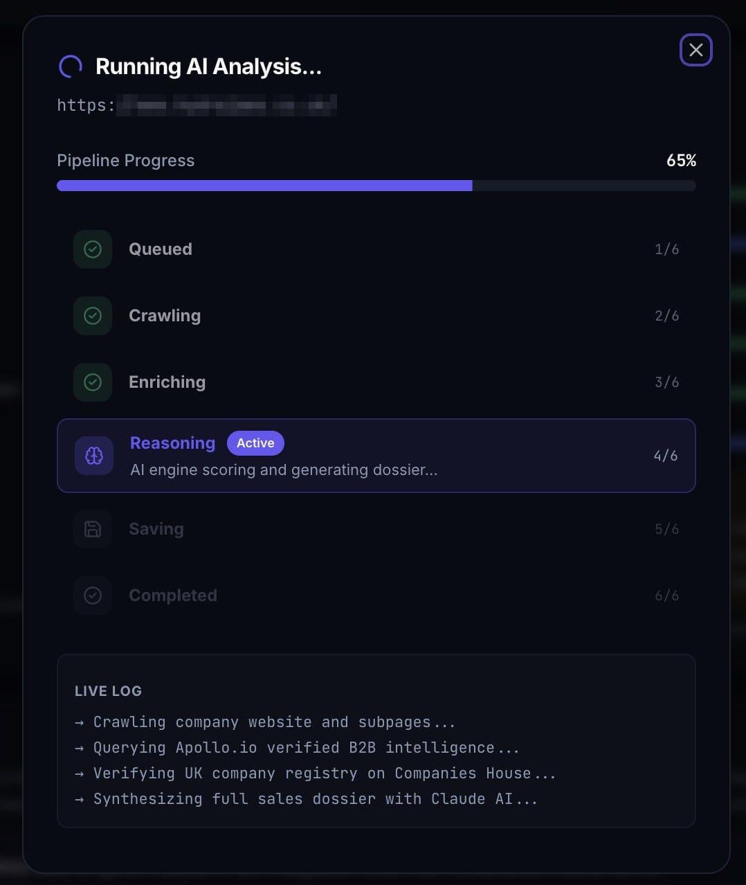 Sales OS run pipeline showing six stages and a live log naming Apollo.io, Companies House and Claude