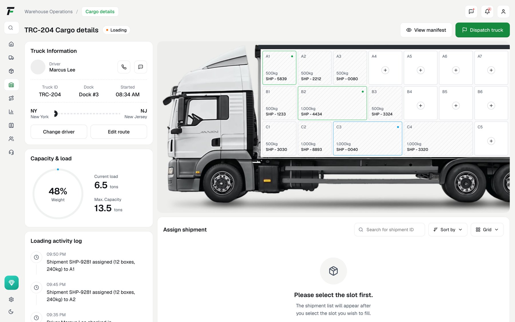 Cargo assignment screen with a side-on trailer slot grid and a capacity ring at 48 percent of 13.5 tonnes