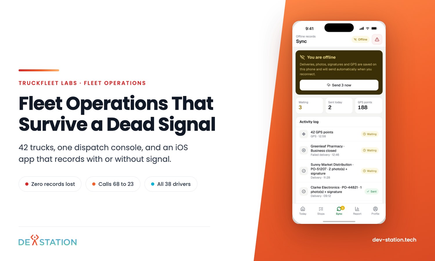 TruckFleet Labs case study thumbnail showing the driver app sync screen while offline, with three records waiting and 188 GPS points held on the phone