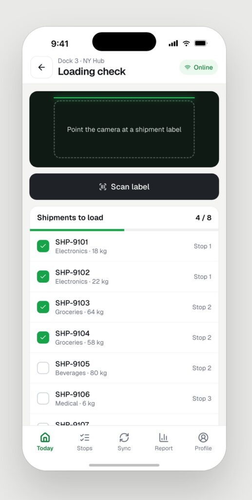 Driver app loading check screen with barcode scanning and a shipment checklist at four of eight