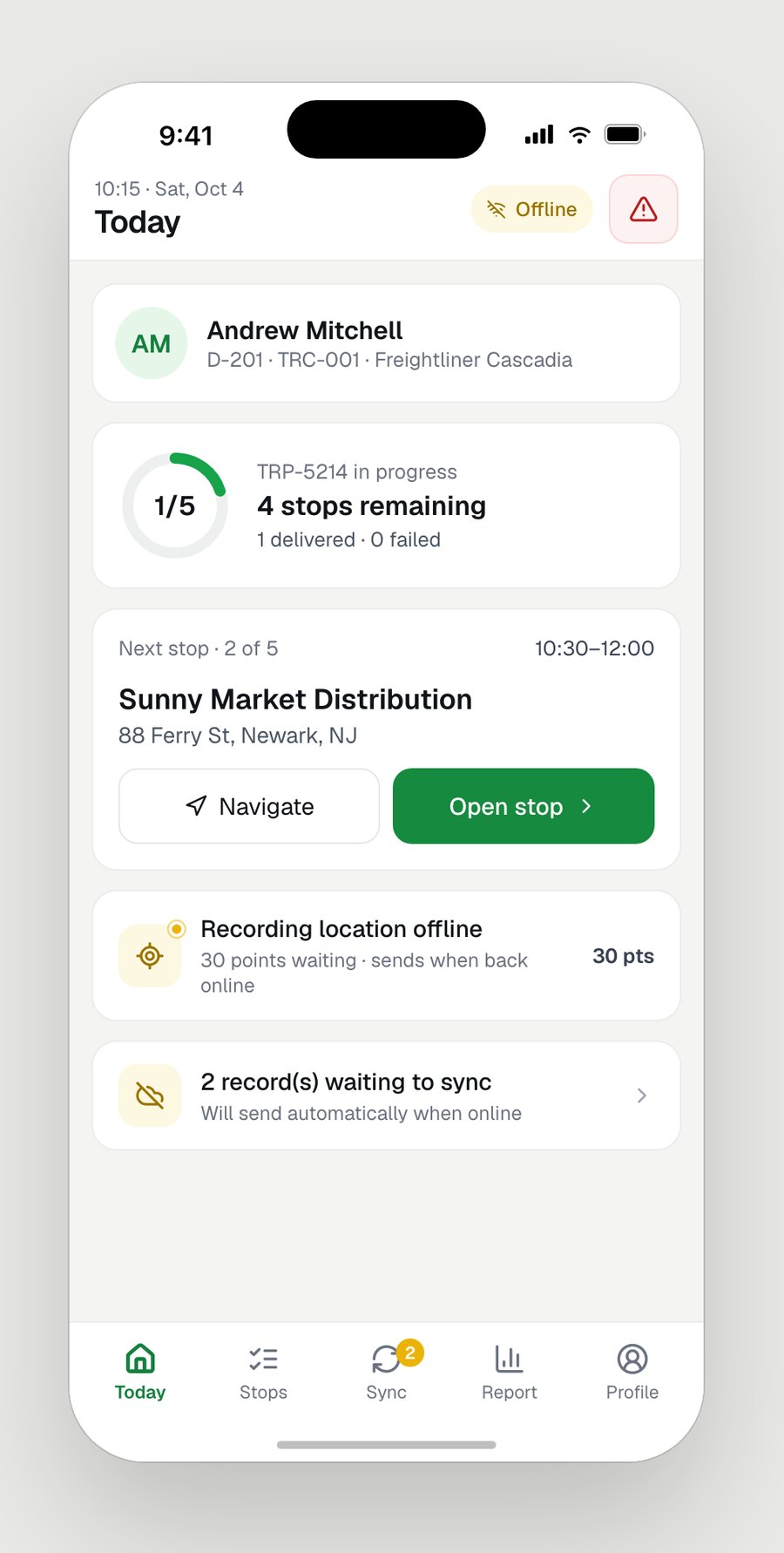 Driver app running offline in the field, with the trip still progressing, 30 GPS points and 2 delivery records held on the phone until signal returns