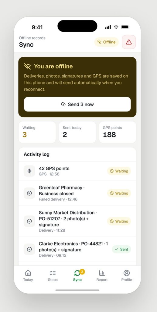 Driver app sync screen while offline, showing three records waiting and 188 GPS points held on the phone