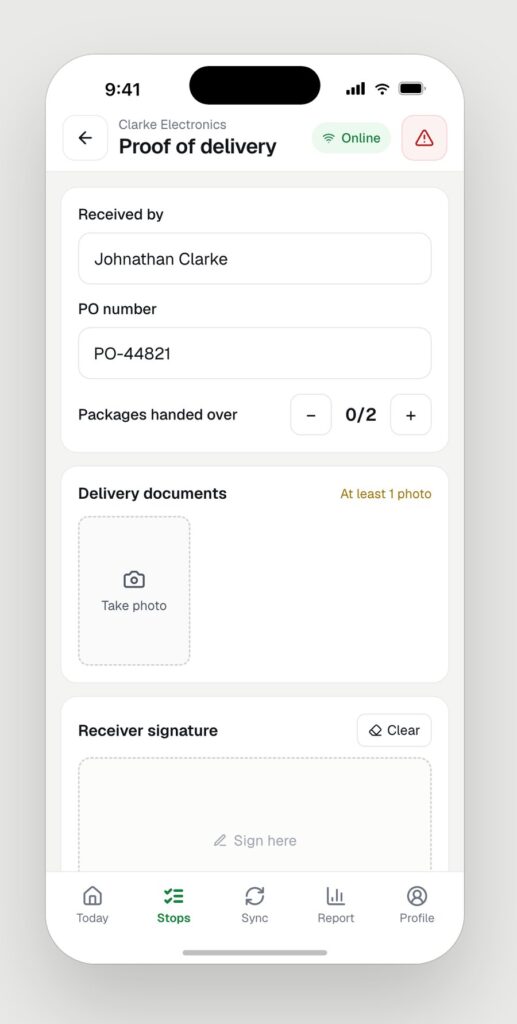 Driver app proof of delivery screen requiring receiver name, PO number, photo and signature
