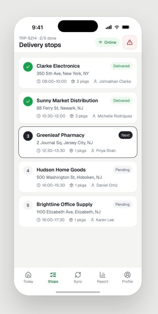 Driver app delivery stops list with delivered, next and pending stops
