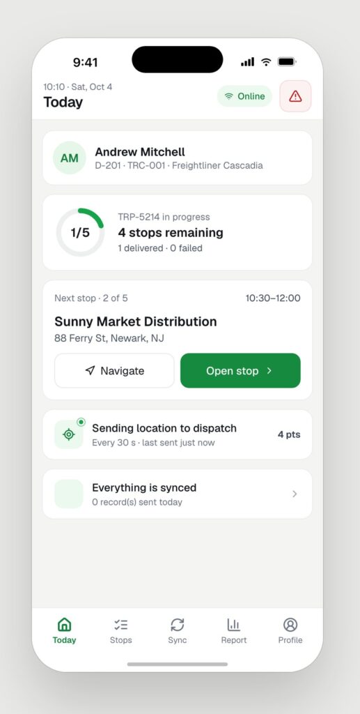 Driver app home screen showing the next stop, GPS status and the offline sync card