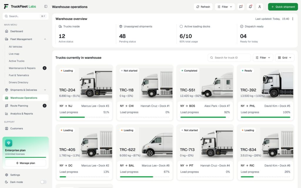 Warehouse operations screen with truck cards, dock numbers and live loading progress bars